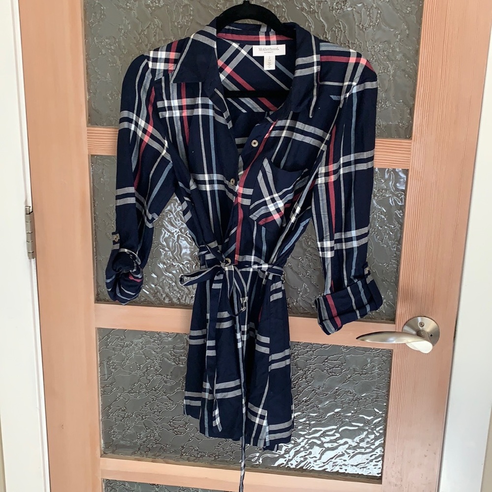 Plaid button-up maternity shirt